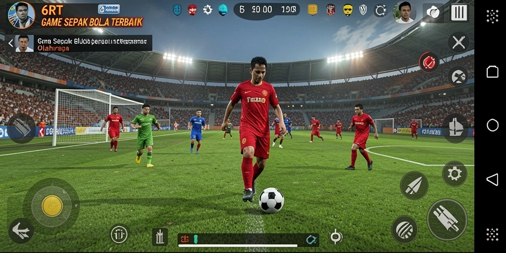 Tampilan utama 6RT menampilkan aksi seru di lapangan sepak bola.
