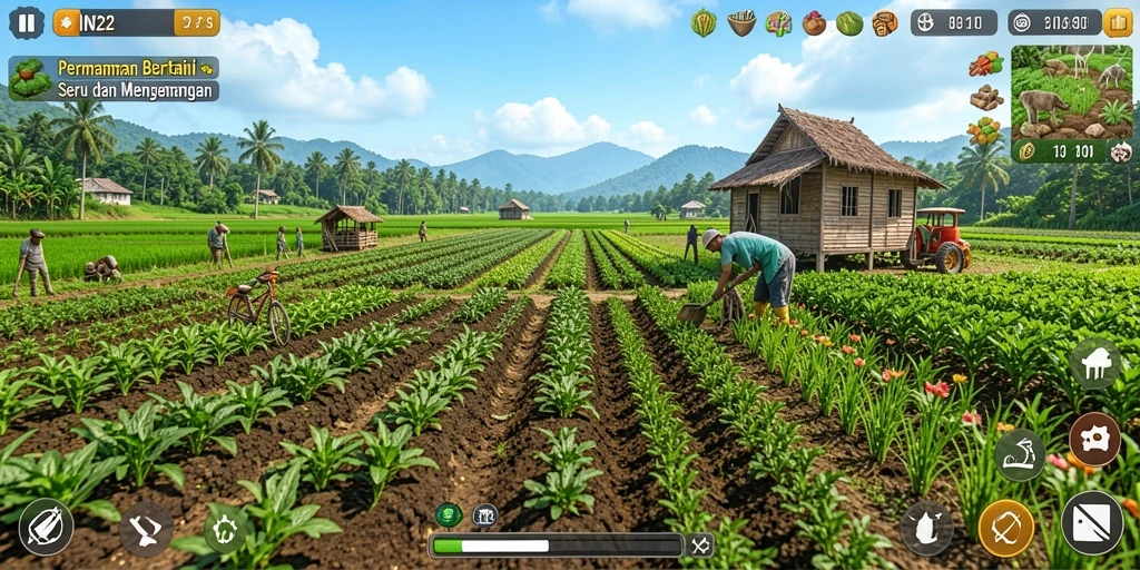 Tampilan menarik dari gameplay IN22 dengan elemen pertanian yang penuh warna.