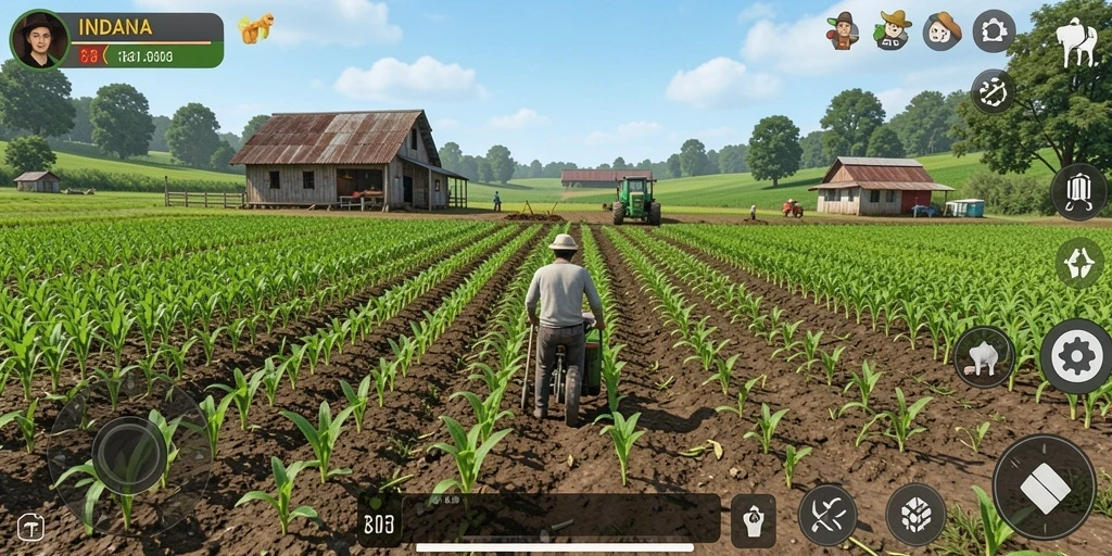 Tampilan menarik dari gameplay pertanian INDAAA yang penuh warna.