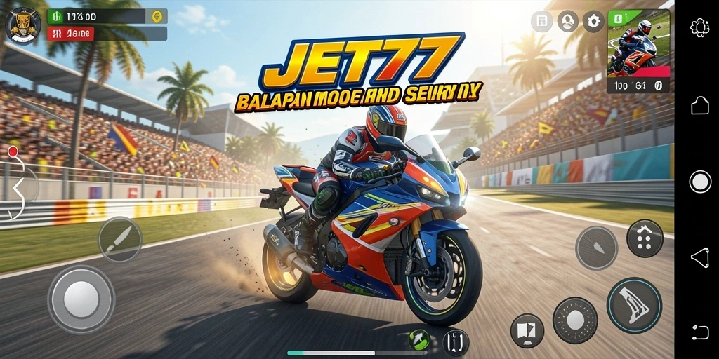 Tampilan seru dari gameplay <strong>JET77</strong> saat balapan motor di lintasan menantang.