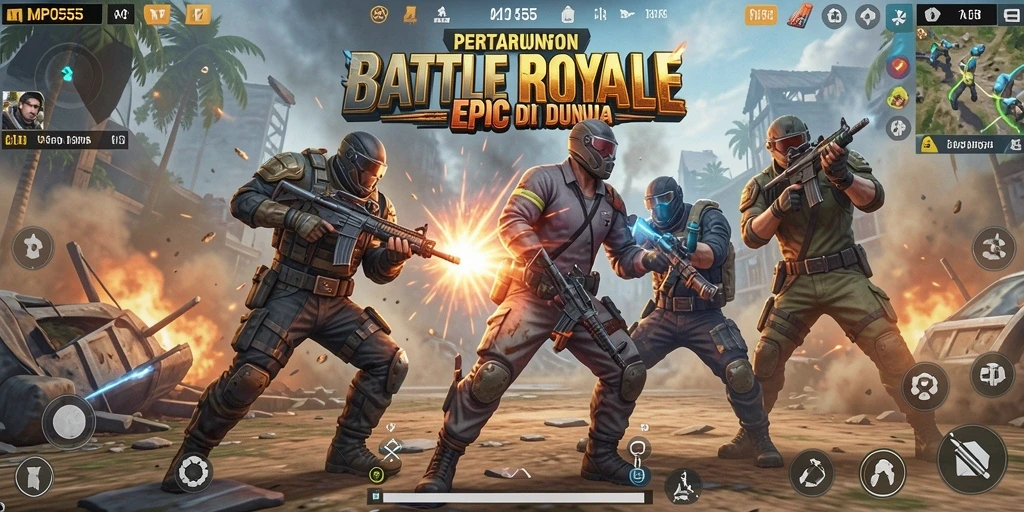 Menampilkan aksi pertempuran intens di arena Battle Royale.