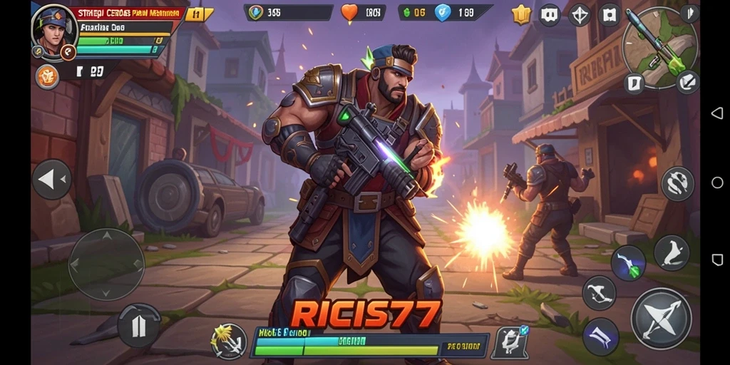 Screenshot utama RICIS77 menampilkan aksi pertempuran strategi yang mendebarkan.