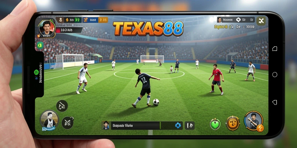 Screenshot gameplay TEXAS88 menampilkan aksi seru di lapangan sepak bola.